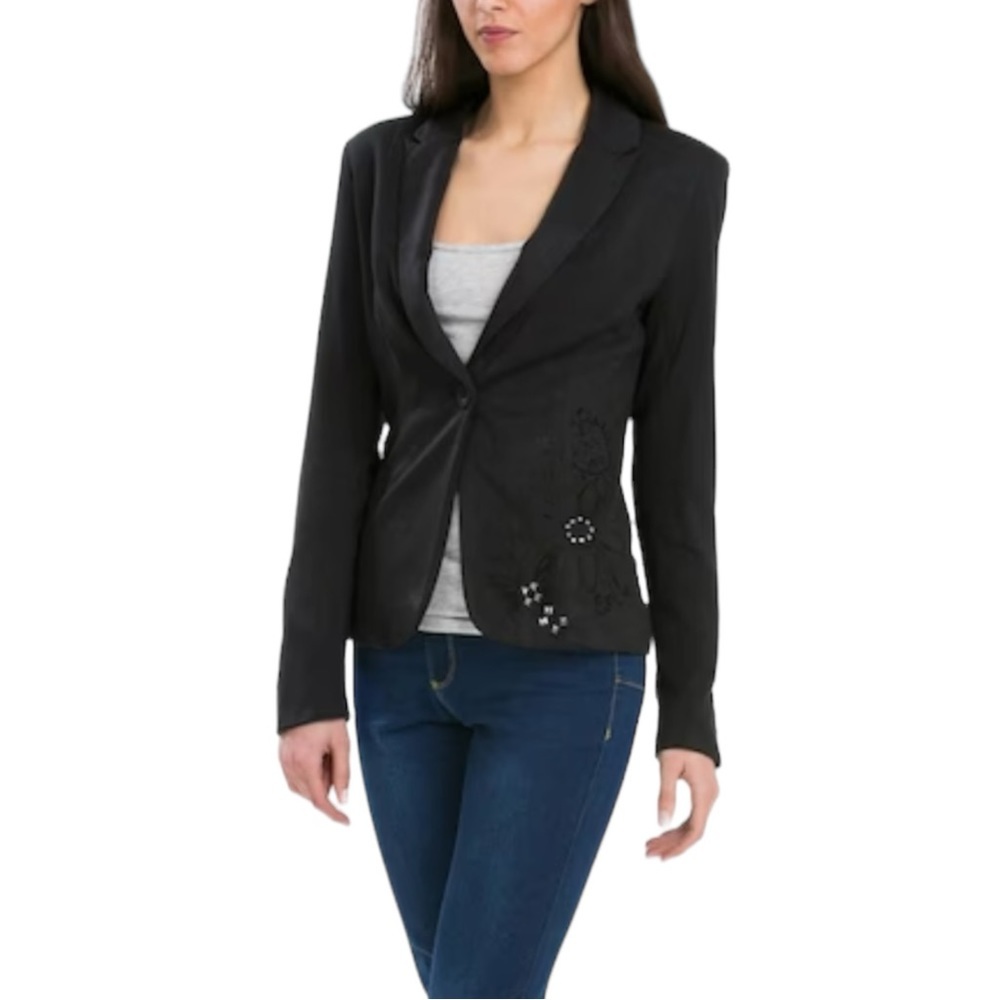 NEW Desigual Black 1 Button Embroidered Blazer